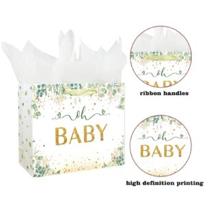 13" Large Baby Boy Girl Gift Bag for Baby Shower or Birthday with Handle, Tissue Paper and Greeting Card (Sage Green Design)