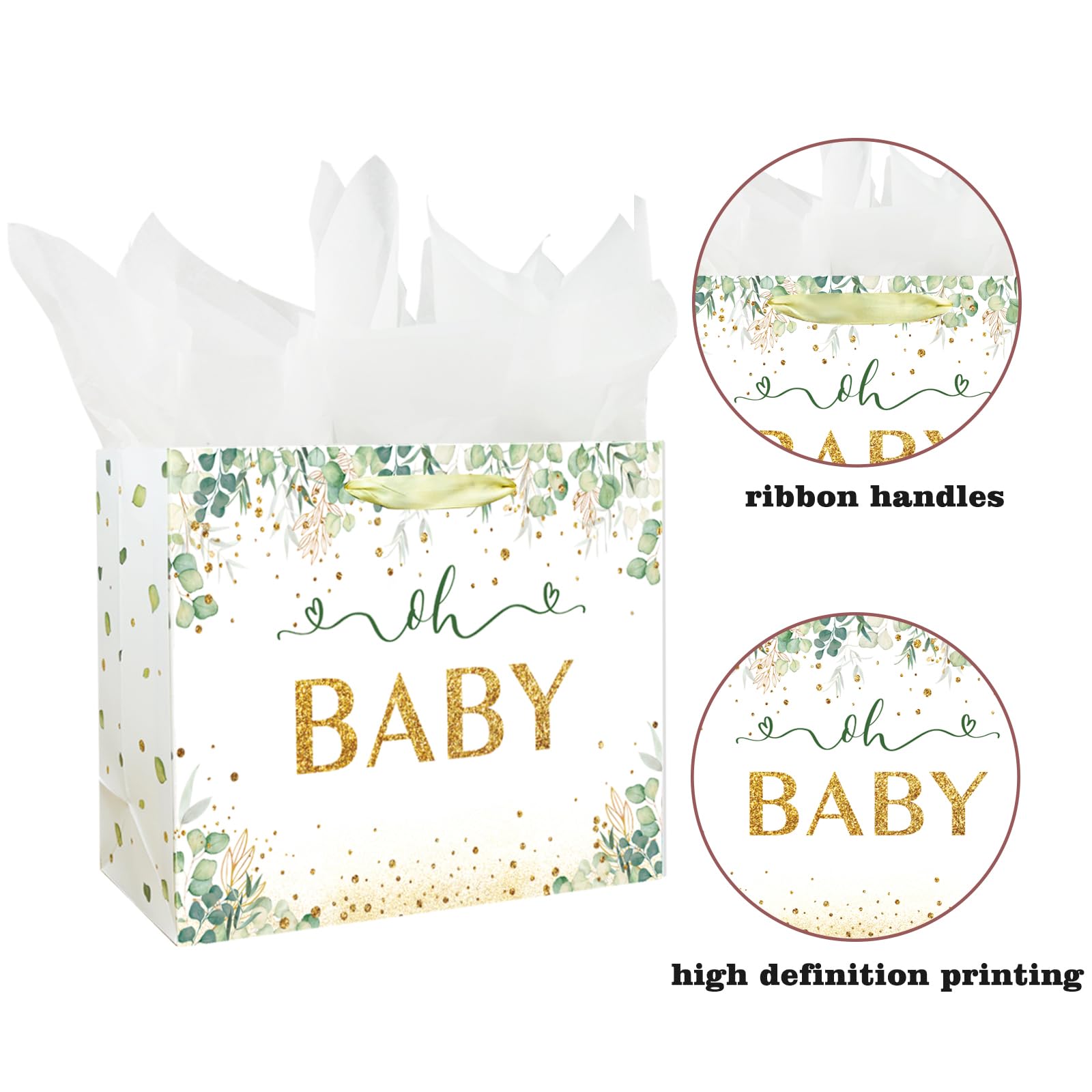 13" Large Baby Boy Girl Gift Bag for Baby Shower or Birthday with Handle, Tissue Paper and Greeting Card (Sage Green Design)