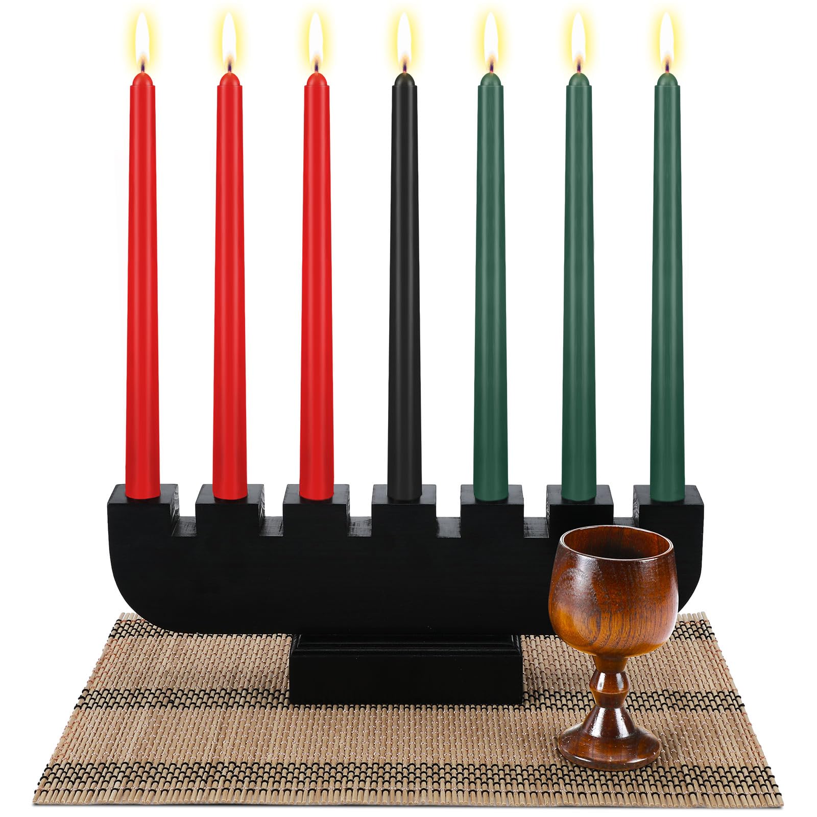 Zubebe 10 Pcs Kwanzaa Kinara Set 3 Red 3 Green 1 Black Kwanzaa Candles Set Black Kwanzaa Kinara Bamboo Table Mat Kwanzaa Candle Holder Wooden Wine Goblet for Kwanzaa Celebration Decoration