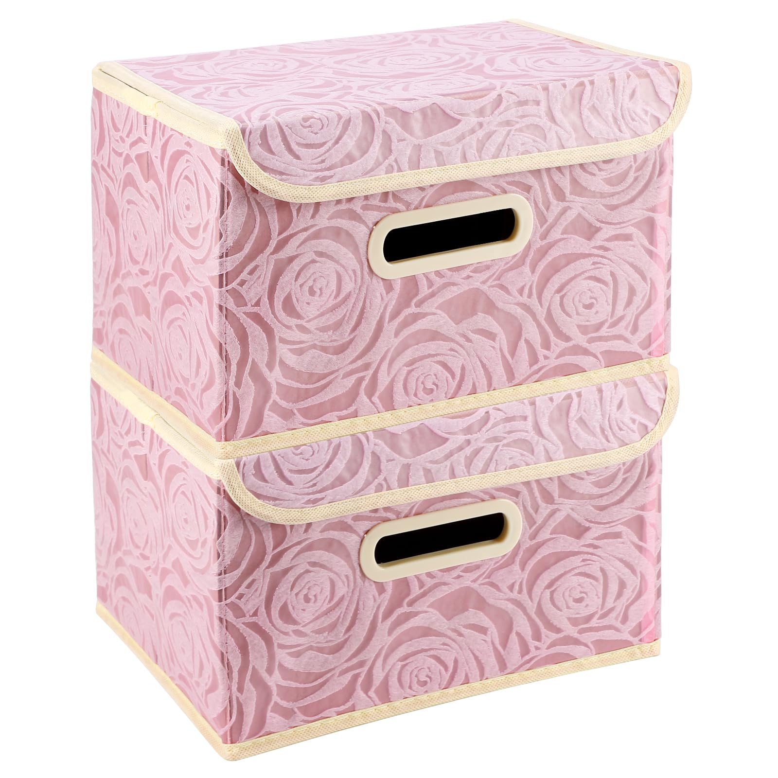 Fassave Foldable Storage Bins with Lids, 2 Packs Fabric Storage Container Basket Cube with Handles for Office, Bedroom, Closet (Small-2 Pack, Pink Pattern)