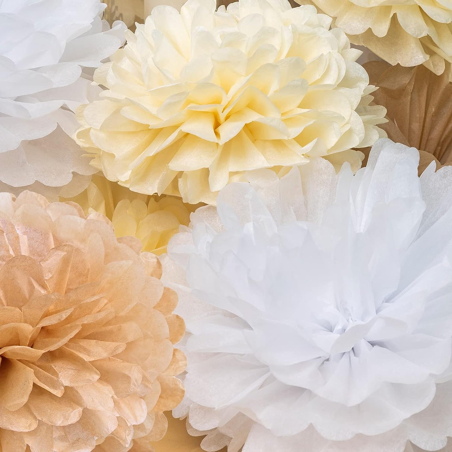 Boho Tissue Paper Pom Poms Champagne Neutral Party Decorations Creamy White Light Brown Paper Flowers for Wedding Birthday Engagement Receptions Boho Bridal Baby Showers Party Supplies -15pcs