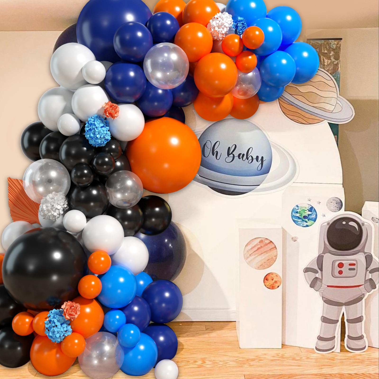 Biapian Blue and Orange Balloon Arch, 113Pcs Navy Blue and Orange Balloon Garland with Dark Light Blue and Orange Black White Latex Balloons for Boys Men Space Birthday Graduation Party Decorations