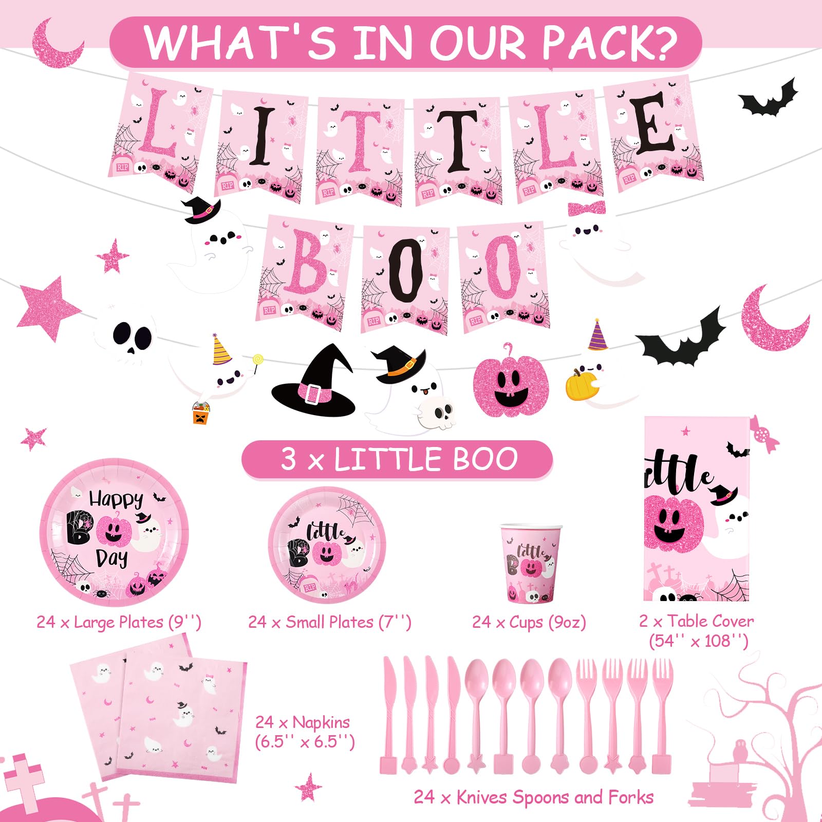 Geyee 173 Pcs Pink Halloween Party Supplies Serves 24 Include Pink Halloween Birthday Tablecloth Pumpkin Ghost Little Boo Banner Pink Halloween Plates Napkins Tableware Set for Halloween Baby Shower