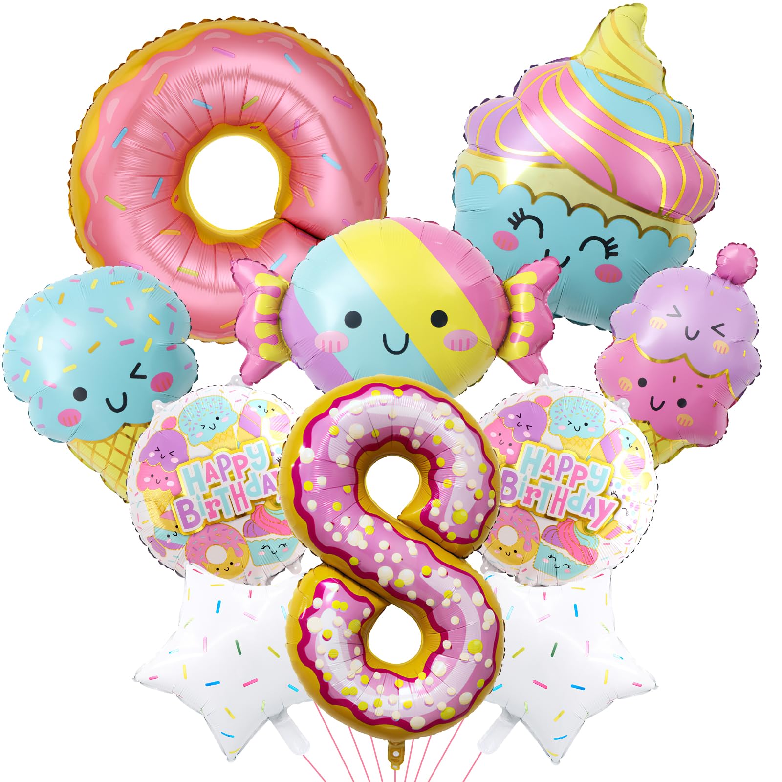 10Pcs Ice Cream Balloons, Ice Cream Donut Candy Birthday Number Mylar Foil Balloon Ice Cream Theme 8th Birthday Party Supplies Decorations (8th)