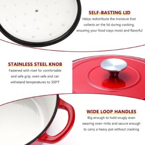 E-far Enameled Cast Iron Dutch Oven with Lid, 6 Quart Round Dutch Oven Pot Nonstick Cookware for Braising, Stews, Roasting, Bread Baking, Cooking, Heavy Duty, Induction & Oven Safe - Red