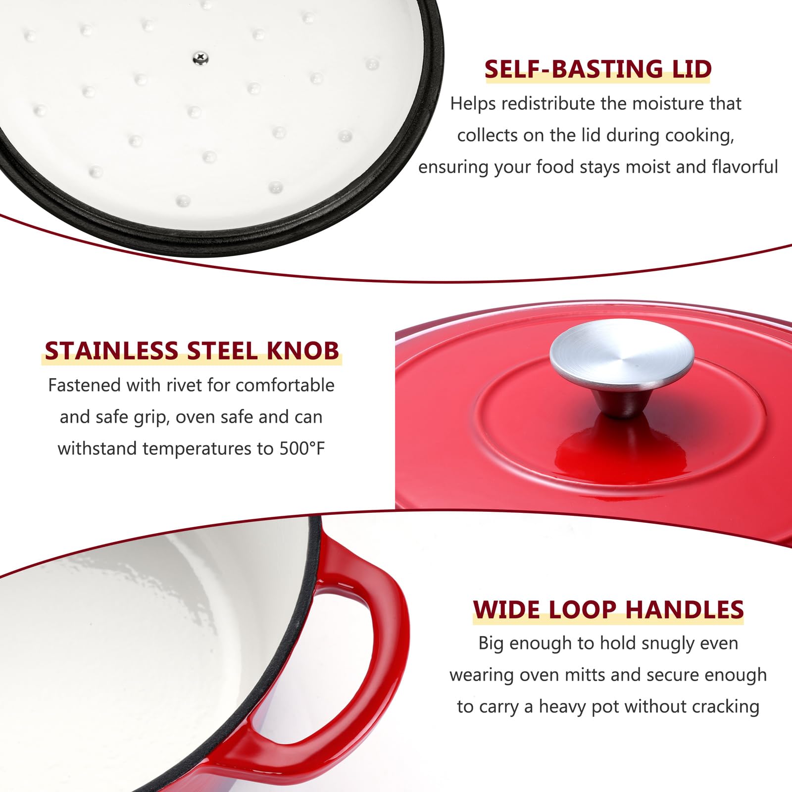 E-far Enameled Cast Iron Dutch Oven with Lid, 6 Quart Round Dutch Oven Pot Nonstick Cookware for Braising, Stews, Roasting, Bread Baking, Cooking, Heavy Duty, Induction & Oven Safe - Red