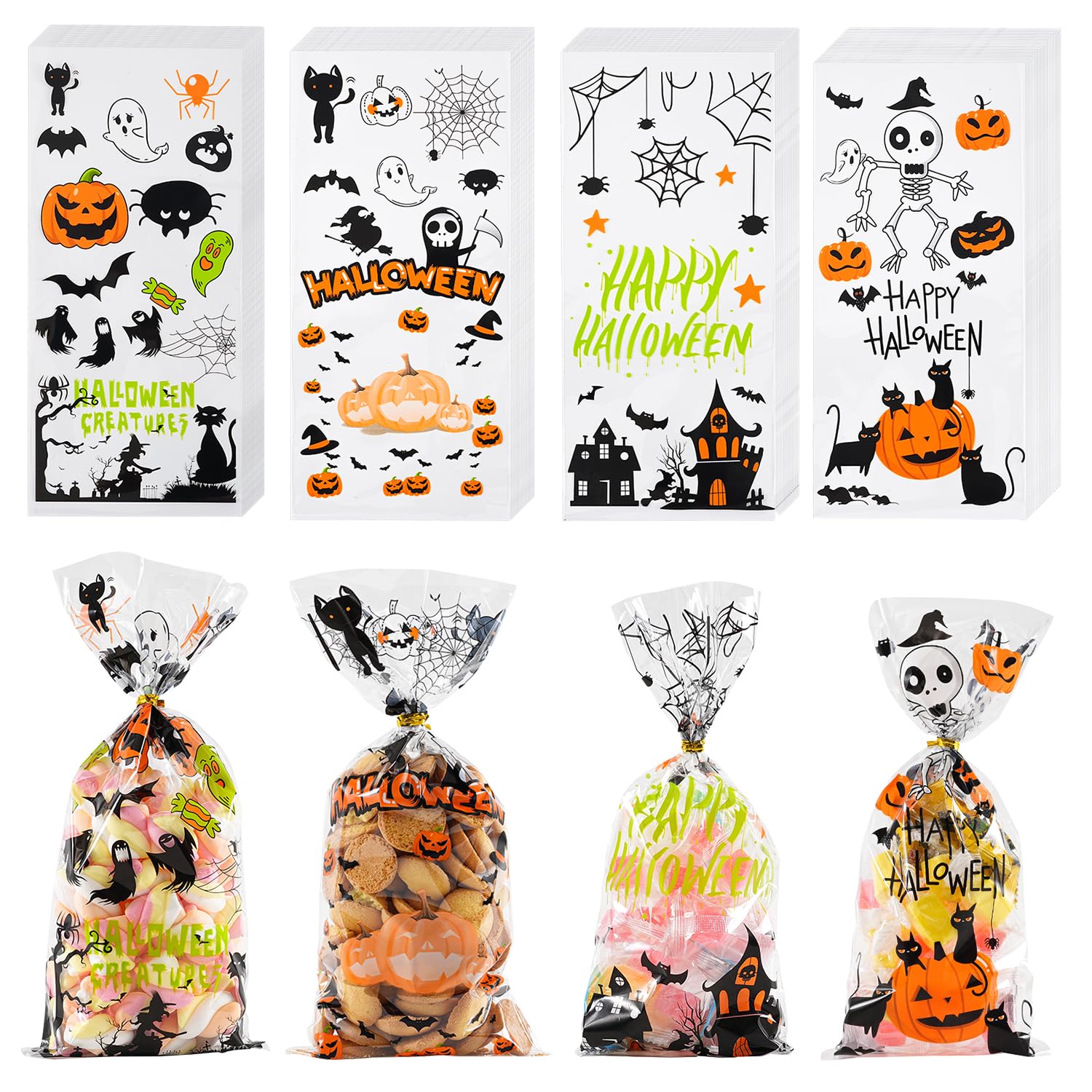 ONFAON Halloween Cellophane Treat Bags, 180pcs Halloween Trick or Treat Goody Gags with 200pcs Twists for Snacks Cookies Packing, Halloween Goodie Bags Party Supplies (180pcs)