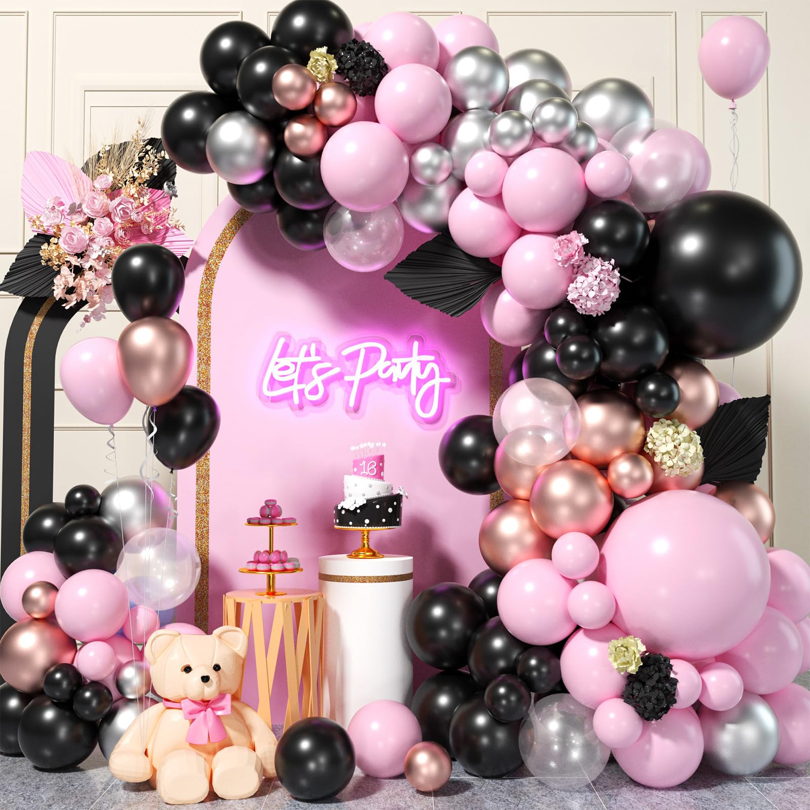 Biapian Pink and Black Balloon Arch Kit, 119Pcs Pink Rose Gold Silver Balloon Garland Transparent Latex Balloons Chrome Balloon Helium for Birthday Baby Shower Graduation Wedding Party Decorations