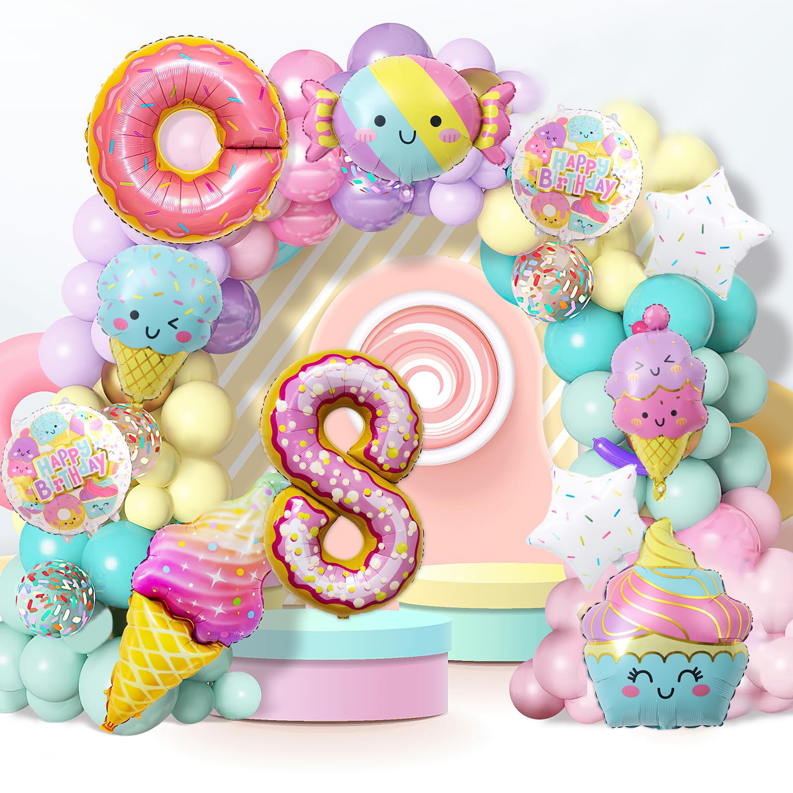 10Pcs Ice Cream Balloons, Ice Cream Donut Candy Birthday Number Mylar Foil Balloon Ice Cream Theme 8th Birthday Party Supplies Decorations (8th)