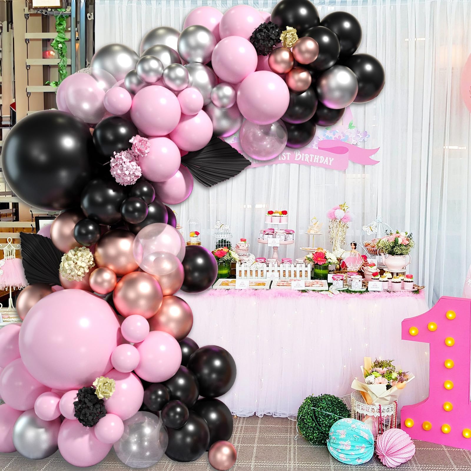 Biapian Pink and Black Balloon Arch Kit, 119Pcs Pink Rose Gold Silver Balloon Garland Transparent Latex Balloons Chrome Balloon Helium for Birthday Baby Shower Graduation Wedding Party Decorations