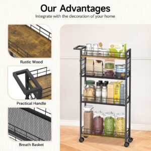 LASZOLA Slim Storage Cart with Wheels, 4 Tier Mobile Narrow Shelving Unit Organizer Utility Cart with Handle, Skinny Rolling Trolley for Small Space Kitchen Bathroom Laundry, Black and Rustic Brown