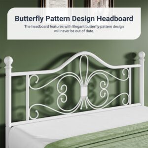 Allewie Full Size Bed Frame with Headboard,Metal Bed Frame with Butterfly Pattern Design Headboard & Footboard,No Box Spring Needed,Easy Assembly,White