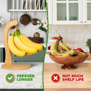 Golden Nature Banana Holder w/ Hanging Hook, Rustic Wooden Grape Stand for Kitchen Countertop, Bamboo Banana Hanger To Keep Bananas & Fruits Fresh