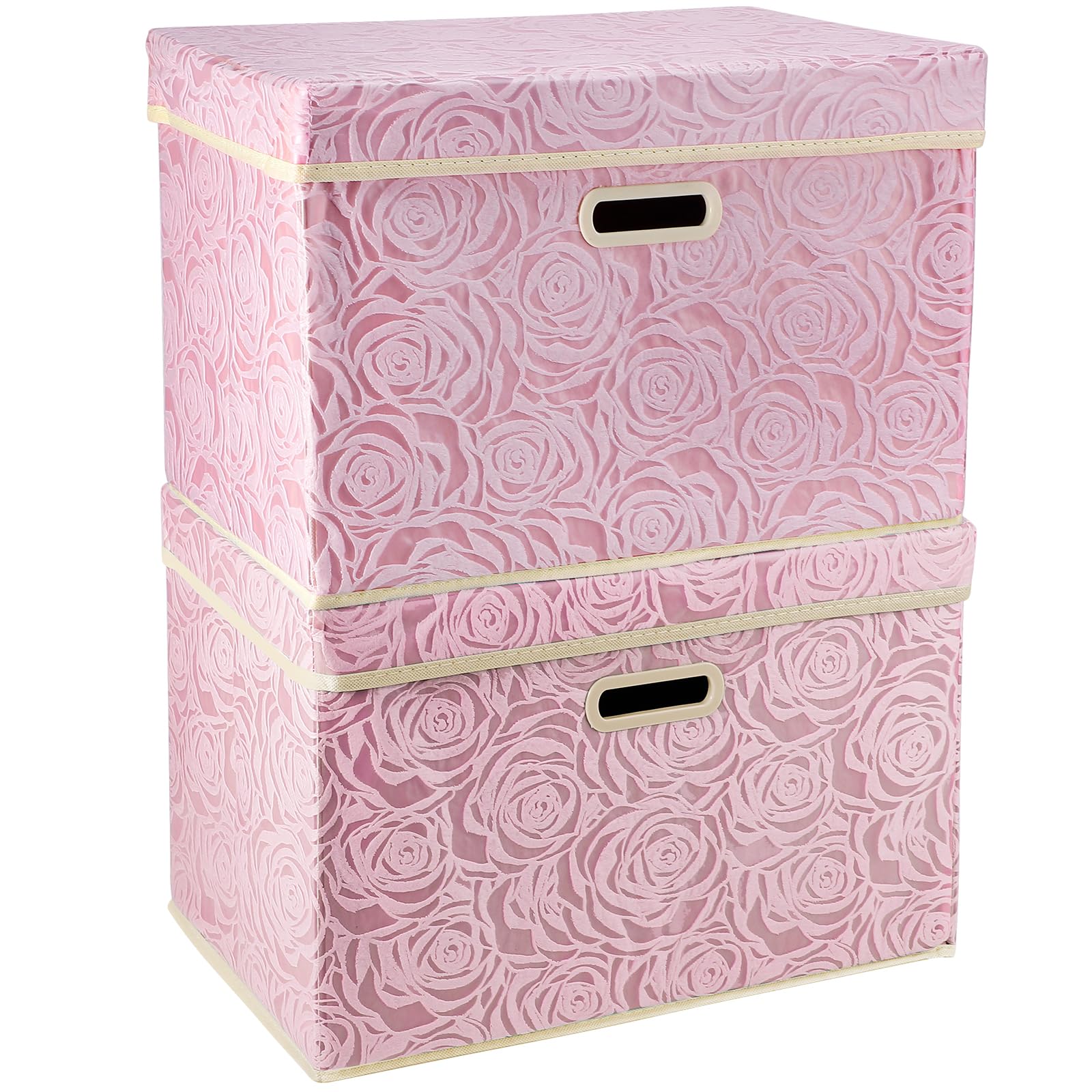 Fassave Foldable Storage Bins with Lids, 2 Packs Fabric Storage Container Basket Cube with Handles for Office, Bedroom, Closet (Medium-2 Pack, Pink Pattern)