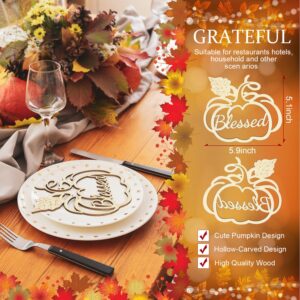 12 Pcs Thanksgiving Pumpkin Wooden Plate Decor Grateful Wood Cutouts Fall Autumn Thankful Blessed Favour Gather Party Place Card Table Settings Signs for Farmhouse Dining Table Holiday Harvest