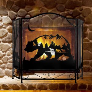 ironwalls 3-panel folding fireplace screens decorative, 47.6” x 31.4” metal bear fireplace screens fire screen gate fence spark guard kid proof, heavy duty fireplace screen black for home farmhouse