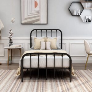 aufank metal bed frame twin size with vintage headboard footboard solid sturdy steel slat support no box spring needed easy assembly black