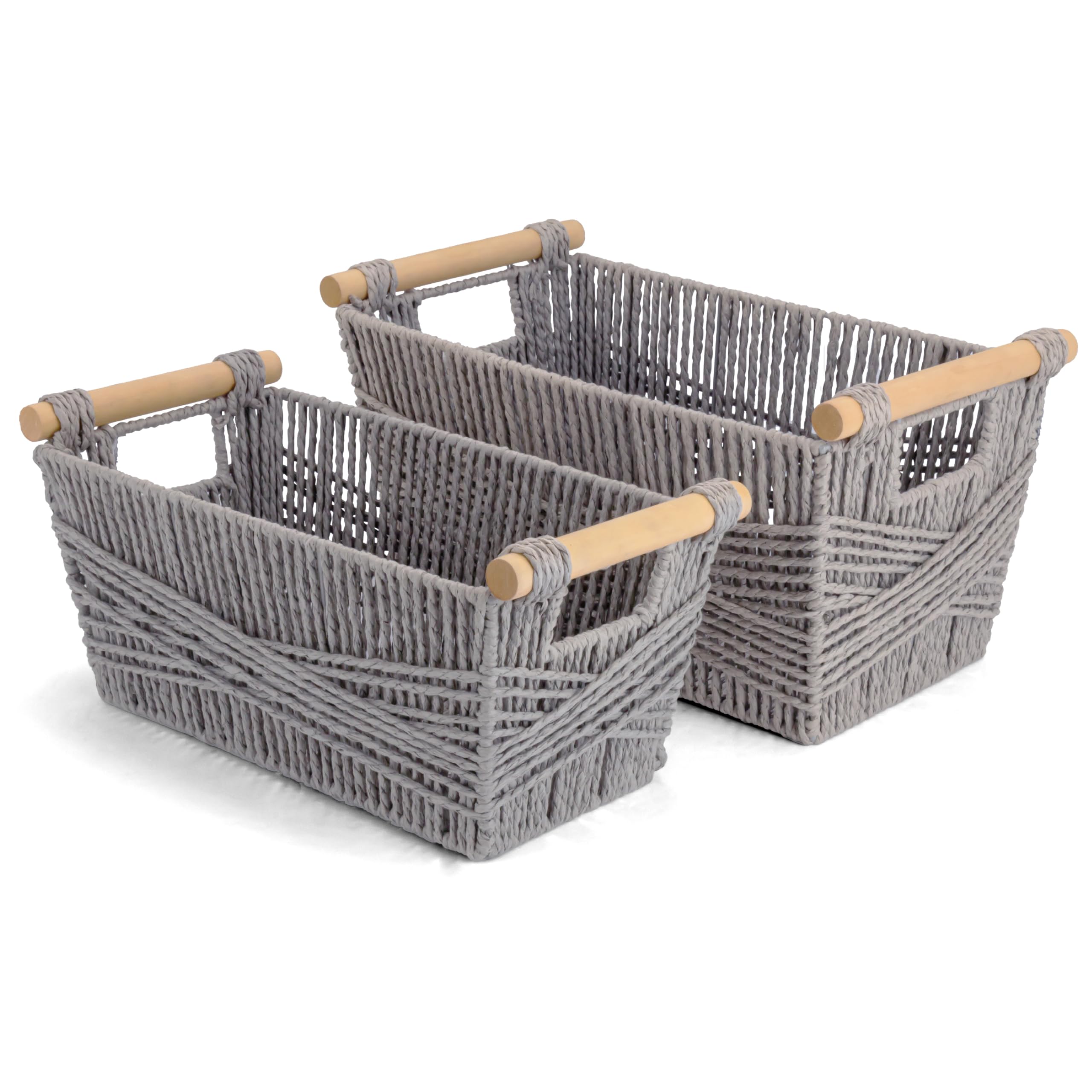 BROOKSTONE, [2 PIECE SET] Wicker Storage Basket with Crafted Wood Handles, Organization and Storage Container, Decorative Shelf Bin, Over the Toilet Paper Reserve, Suitable for Any Home Décor Style