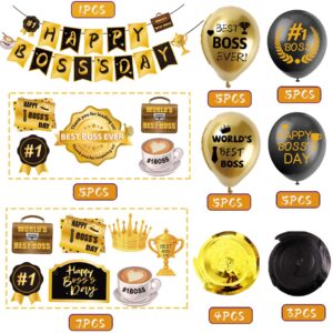 Happy Bos Day Decorations for Men 40PCS Bos Day Decorations For Office with Happy Bos's Day Banner Hanging Swirls Balloons Cake Topper Best Bos Ever Decorations Gold