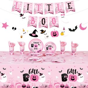 geyee 173 pcs pink halloween party supplies serves 24 include pink halloween birthday tablecloth pumpkin ghost little boo banner pink halloween plates napkins tableware set for halloween baby shower