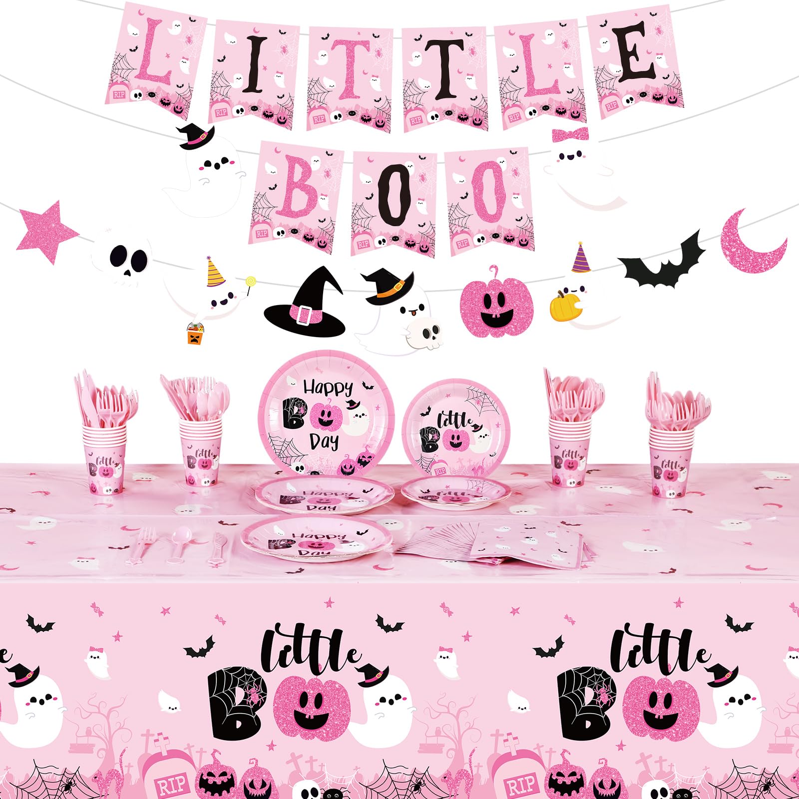 Geyee 173 Pcs Pink Halloween Party Supplies Serves 24 Include Pink Halloween Birthday Tablecloth Pumpkin Ghost Little Boo Banner Pink Halloween Plates Napkins Tableware Set for Halloween Baby Shower