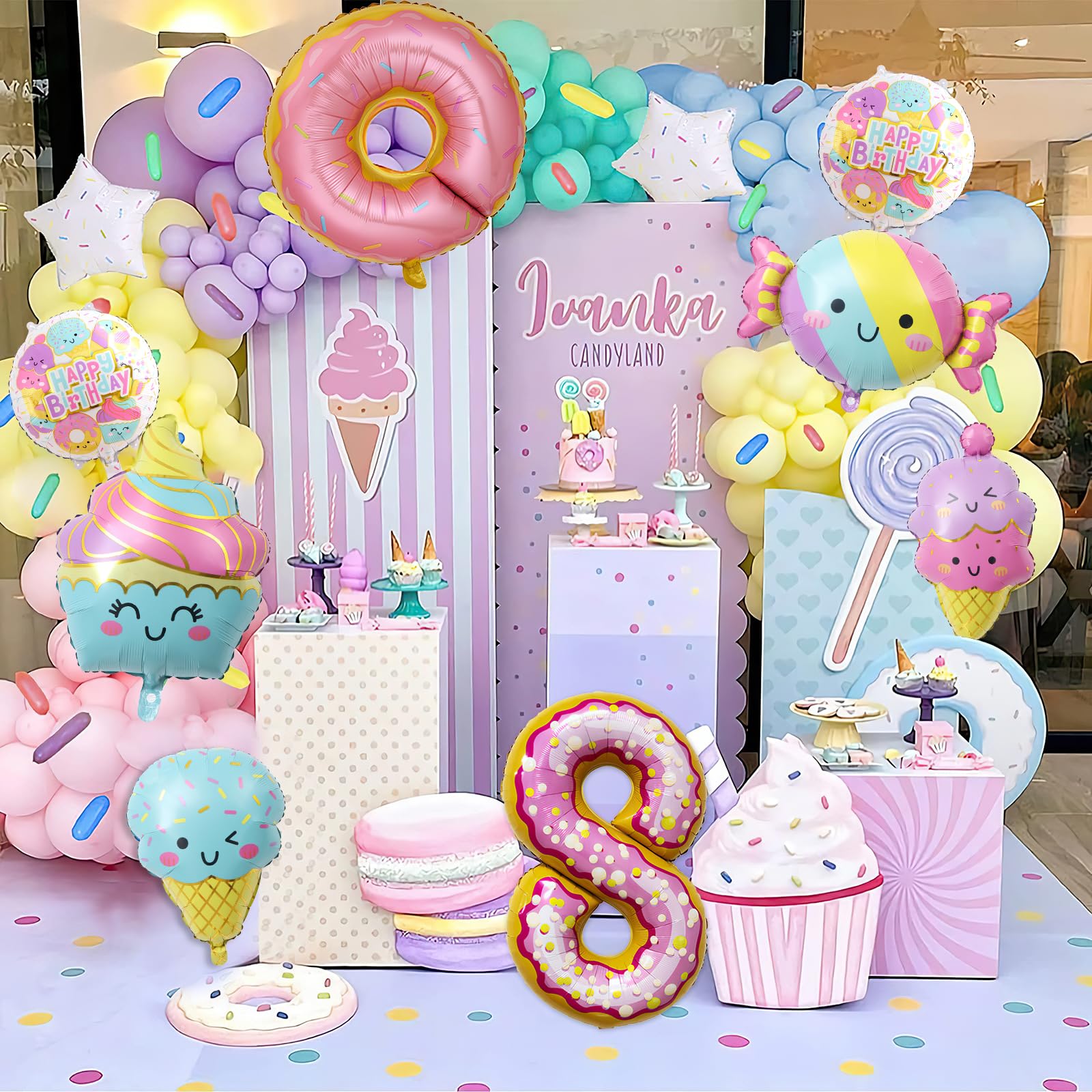 10Pcs Ice Cream Balloons, Ice Cream Donut Candy Birthday Number Mylar Foil Balloon Ice Cream Theme 8th Birthday Party Supplies Decorations (8th)