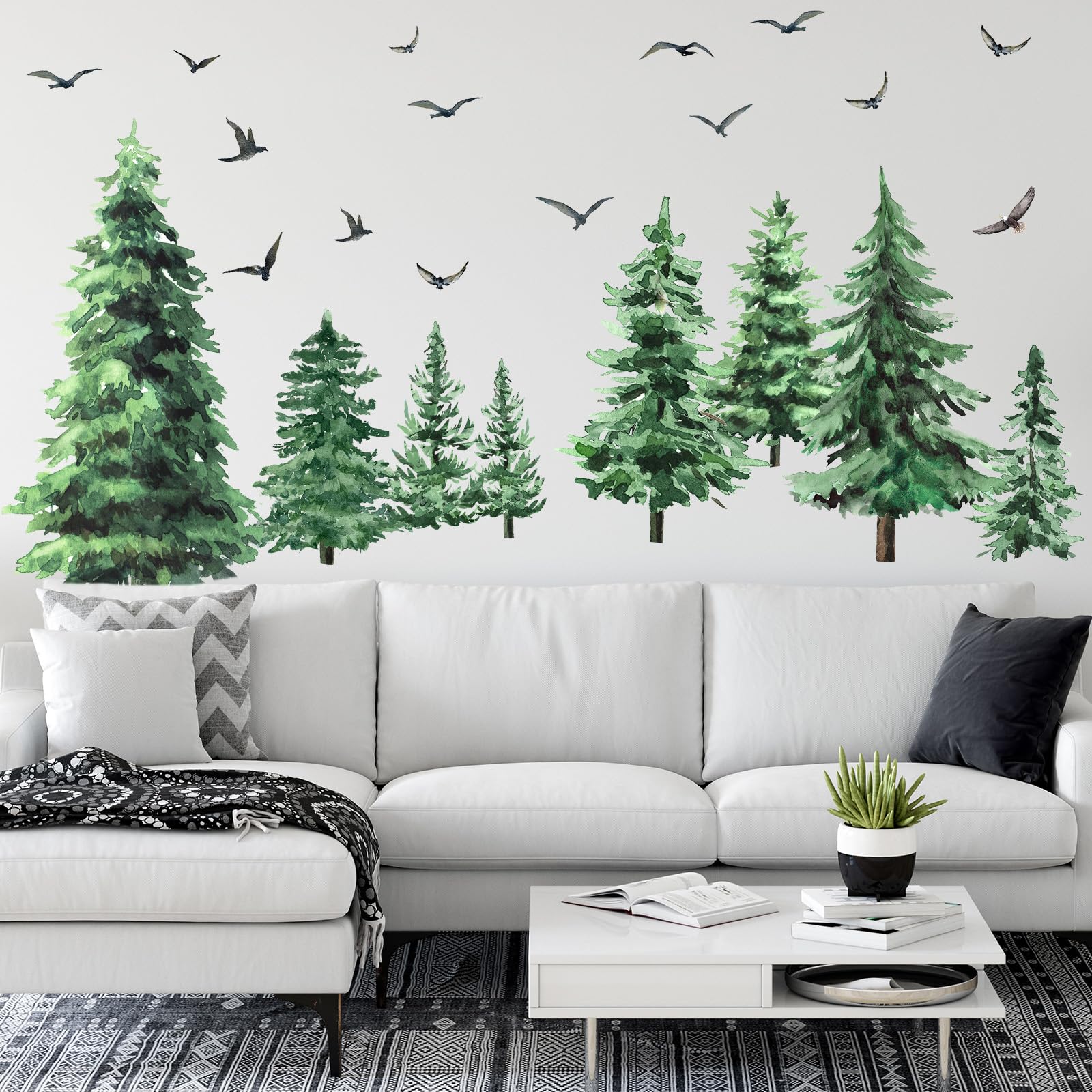 Qilery Watercolor Pine Tree Wall Decals Large Tree Wall Sticker Peel and Stick Forest Wall Decal Woodland Branch Birds Wall Sticker Christmas Tree Wall Stickers for Bedroom Living Room (Classic Style)