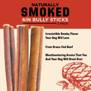 Barkworthies USA Hickory Smoked Bully Sticks 6 Inch 3-Pack - Amazing Aroma, Great Taste - All Natural Smoked Bully Sticks for Large Dogs