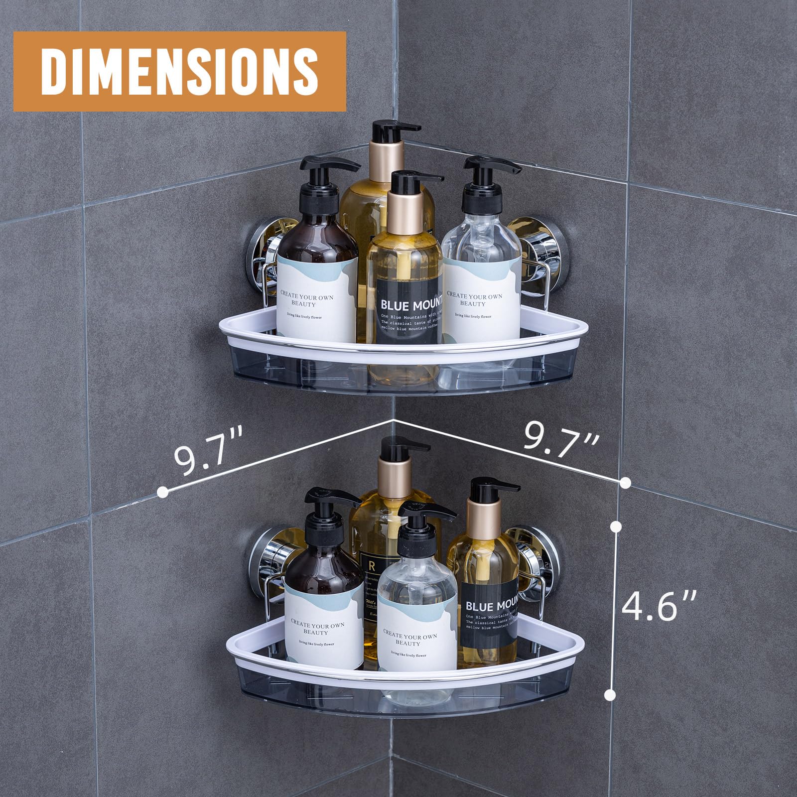 LEVERLOC Corner Shower Caddy Suction Cup 2 Pack, No-Drilling & Removable Shower Caddy Basket, Chromed Stainless Steel Shelves for Inside Shower & Bathroom Organizer, Rustproof Rack for Storage