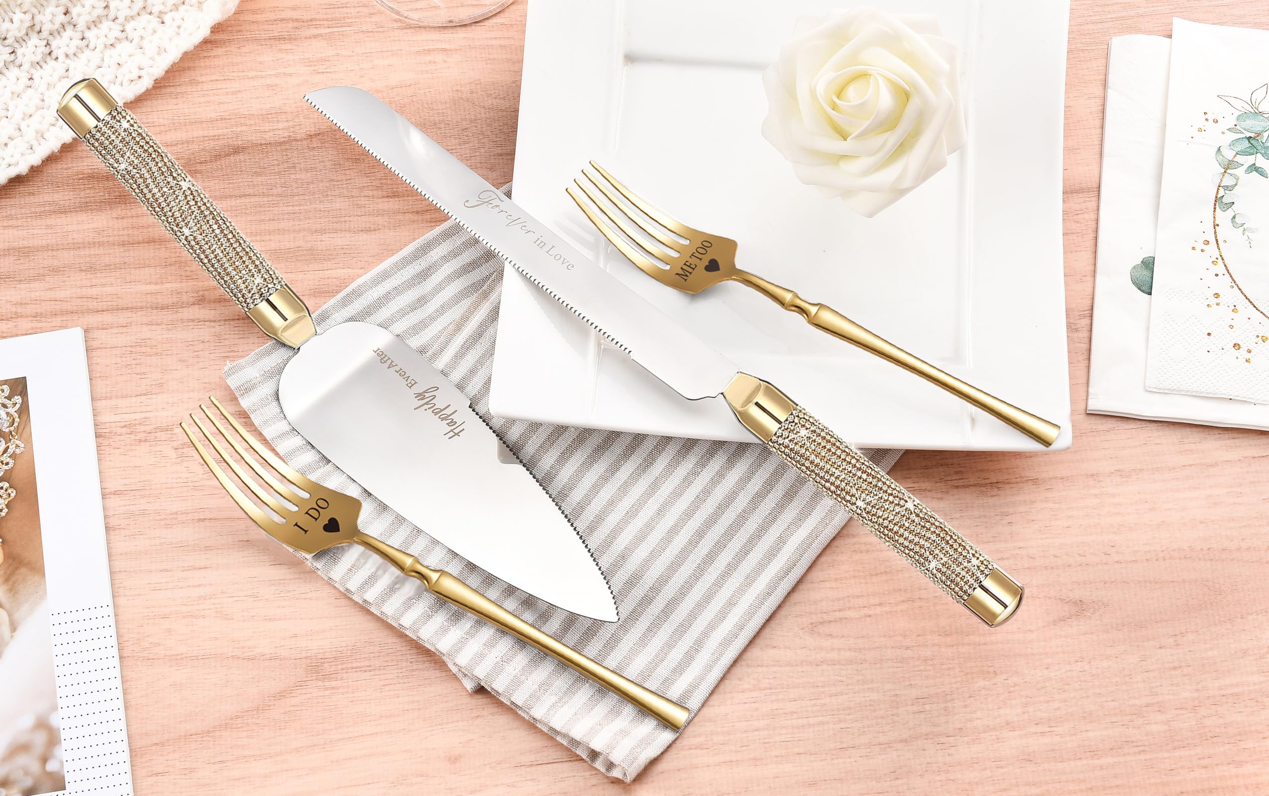 ROXBURGH Wedding Cake Knife and Server Set, 420 Stainless Steel Gold Cake Cutter and Pie Server Slicer, Rhinestones Studded Handle Cake Cutting Set for Wedding, Engagement Present for Groom and Bride