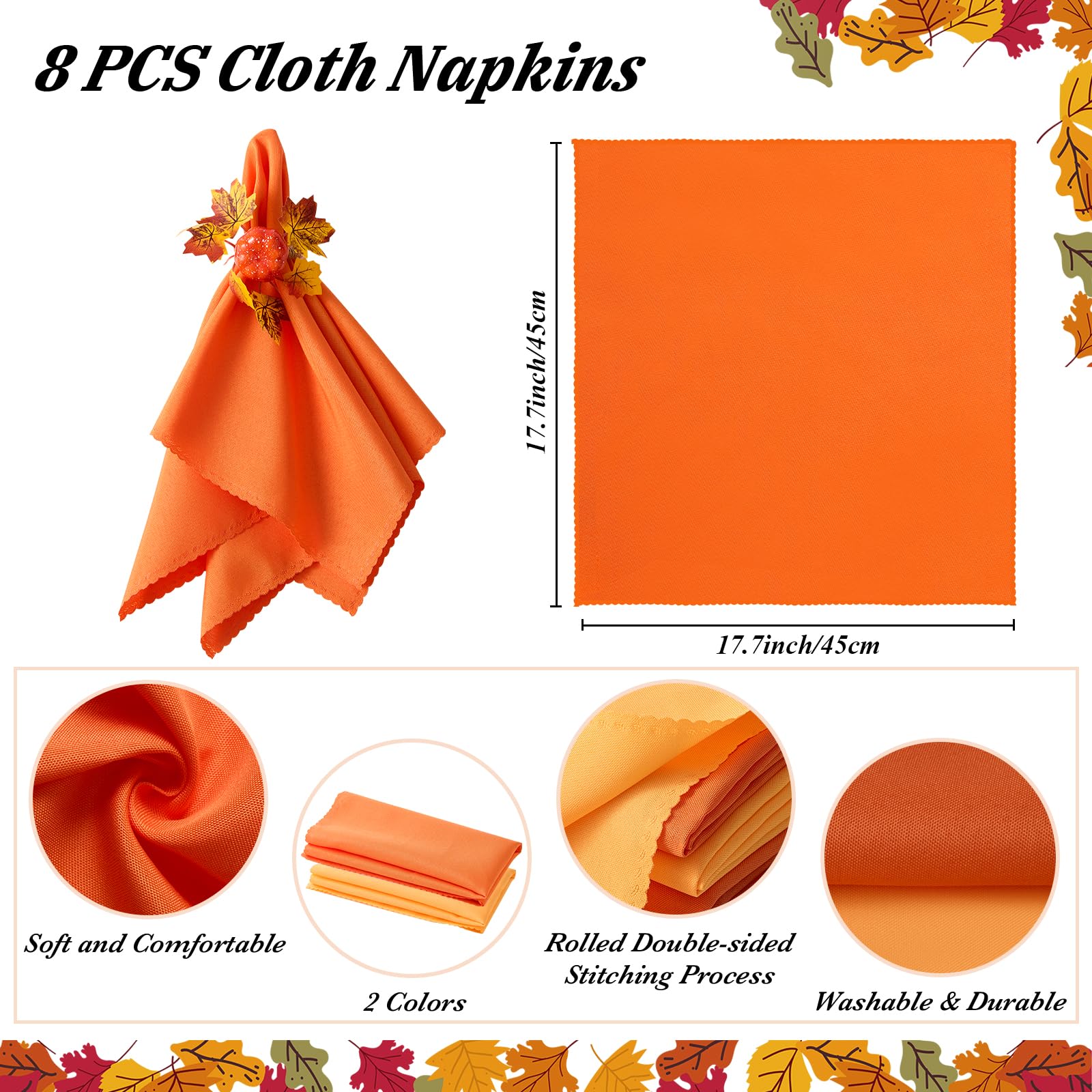 WORTHYEAH Fall Napkins, Fall Napkins Set of 16, Thanksgiving Napkin Rings Set of 8 PCS & 8 PCS Fall Cloth Napkins for Thanksgiving Table Decorations, Fall Banquet, Holiday Dinner Party