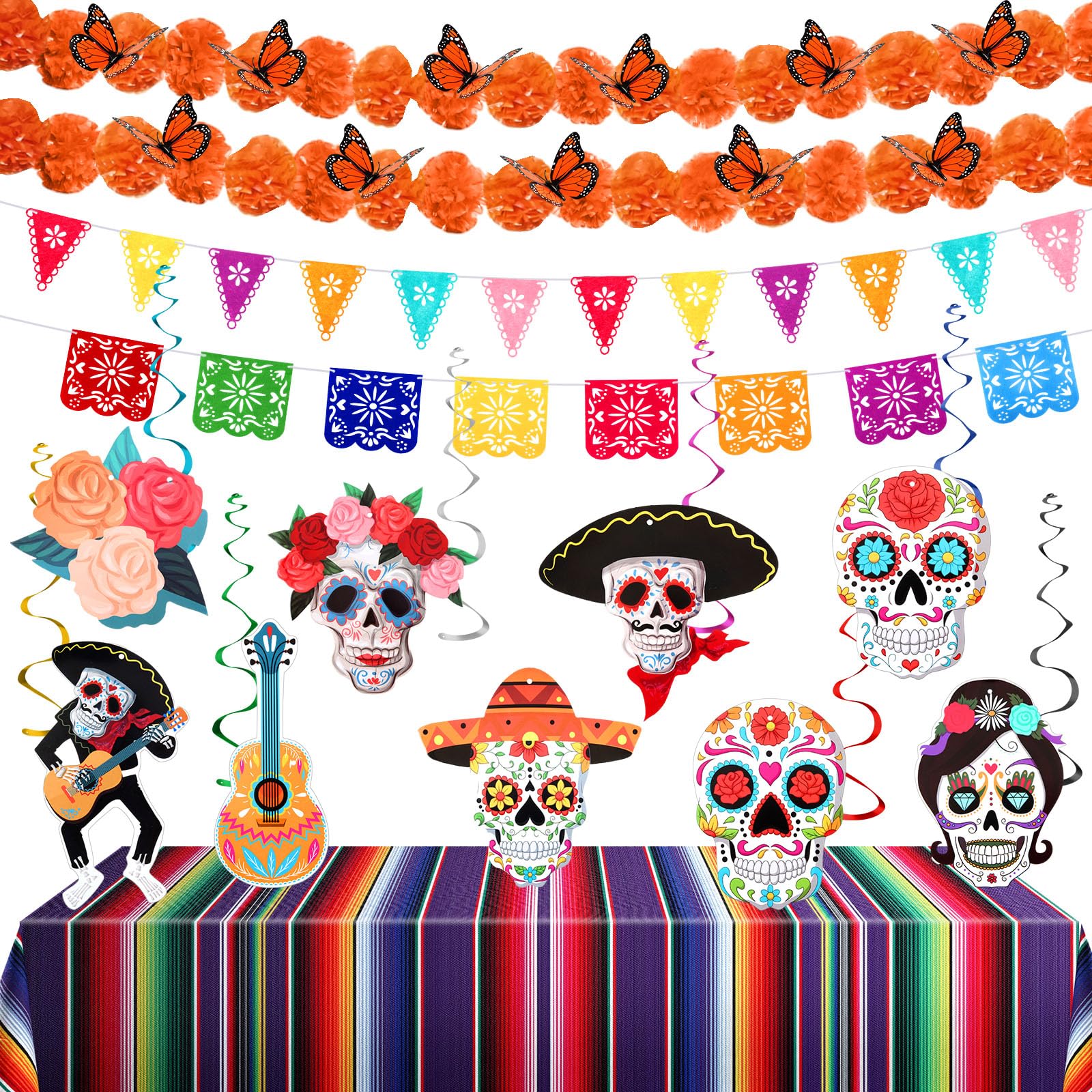 30 Pcs Day of the Dead Decorations Set Altar De Ofrendas Marigold Garland Mexican Banners Serape Tablecloth Skull Hanging Swirl Monarch Butterfly for Dia De Los Muertos Fiesta Party(Orange)