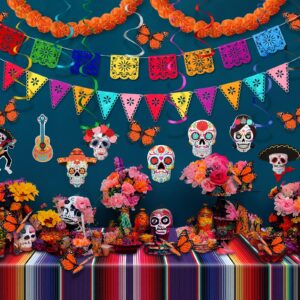 30 Pcs Day of the Dead Decorations Set Altar De Ofrendas Marigold Garland Mexican Banners Serape Tablecloth Skull Hanging Swirl Monarch Butterfly for Dia De Los Muertos Fiesta Party(Orange)