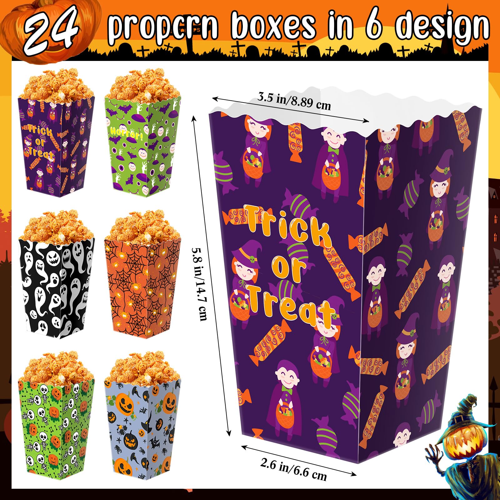 Roshtia 24 Pcs Halloween Theme Party Popcorn Favor Boxes in 6 Designs Trick or Treating Snack Treat Box Candy Cookie Container Event Party Favor Supplies, Halloween Snacks (Figure)