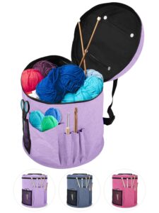 bins & things knitting bag yarn storage - crochet bag for knitting & crochet bags with 2 external pockets - durable natural fabric - big capacity yarn bag - puple yarn organizers and storage