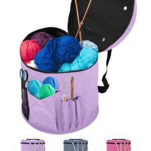 Bins & Things Knitting Bag Yarn Storage - Crochet Bag for Knitting & Crochet Bags with 2 External Pockets - Durable Natural Fabric - Big Capacity Yarn Bag - Puple Yarn Organizers and Storage