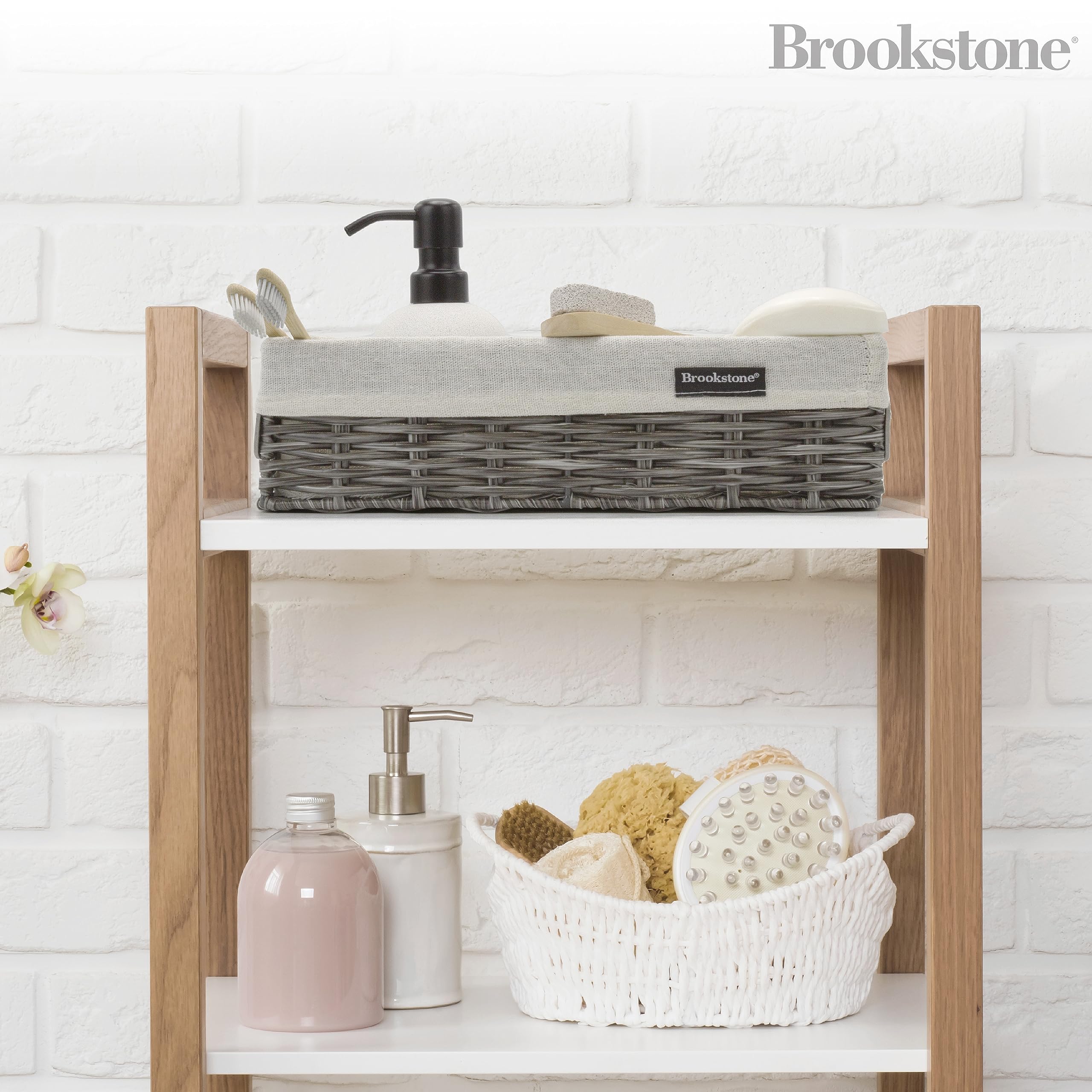 BROOKSTONE [2 PIECE SET] Wicker Storage Basket with Crafted Side Handles, Boho Organization and Storage, Woven Decorative Shelf Bin, Over the Toilet Paper Reserve, Suitable for Any Home Décor Style