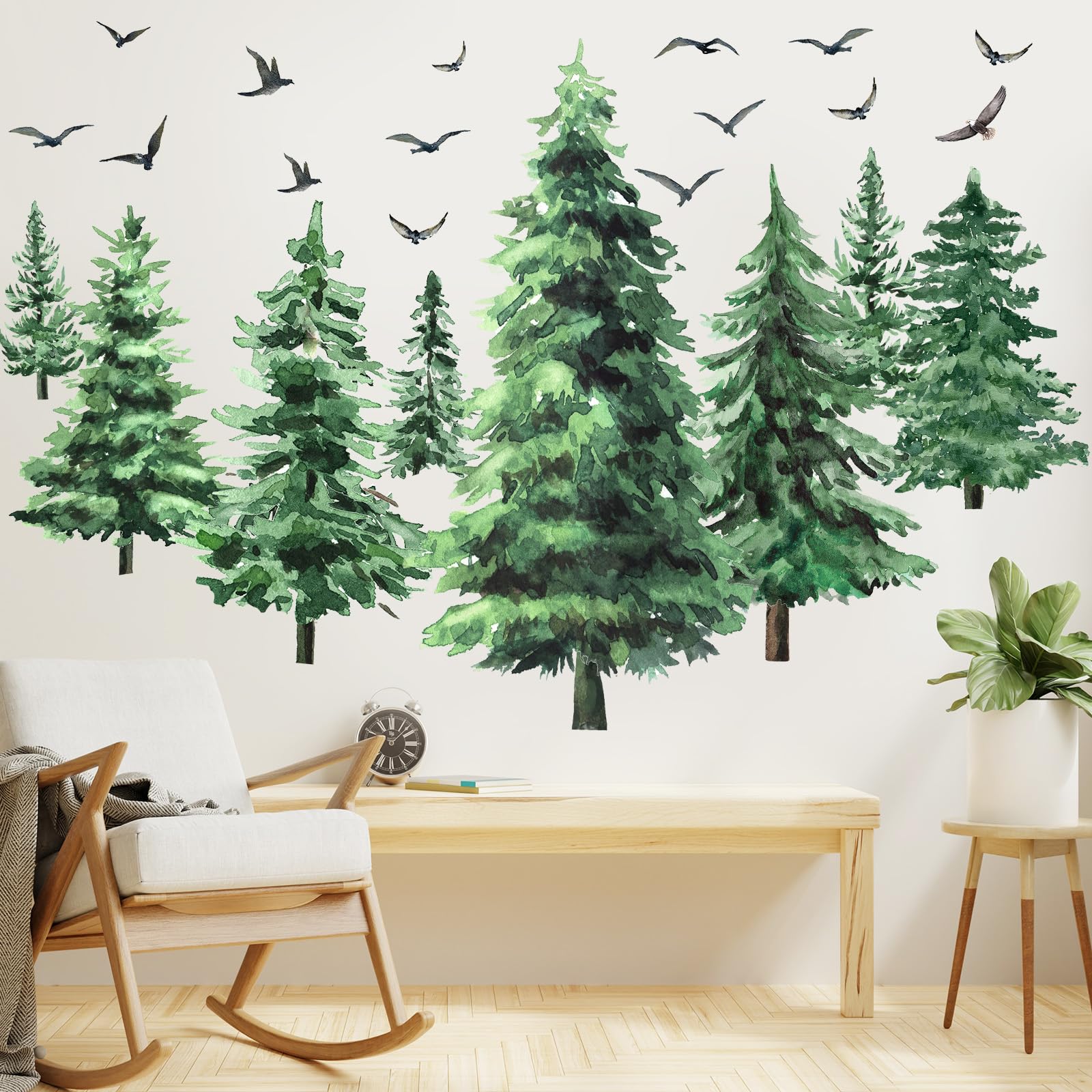 Qilery Watercolor Pine Tree Wall Decals Large Tree Wall Sticker Peel and Stick Forest Wall Decal Woodland Branch Birds Wall Sticker Christmas Tree Wall Stickers for Bedroom Living Room (Classic Style)