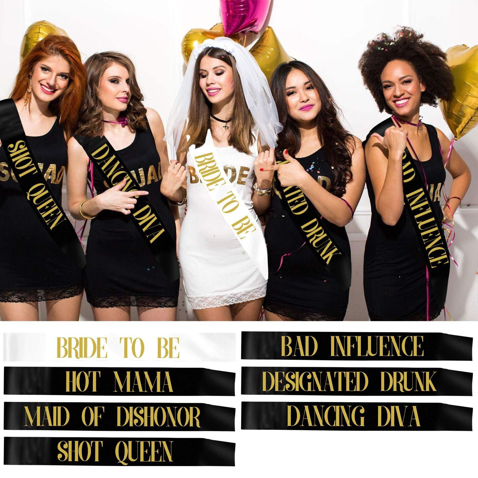 Bachelorette Sash Set (7 pcs) - Bride to Be Sash Bachelorette Party Decorations - Bride and Bridesmaid Sashes for Bachelorette party decorations (Black, Gold letters). Ideal Bridal Shower Supplies