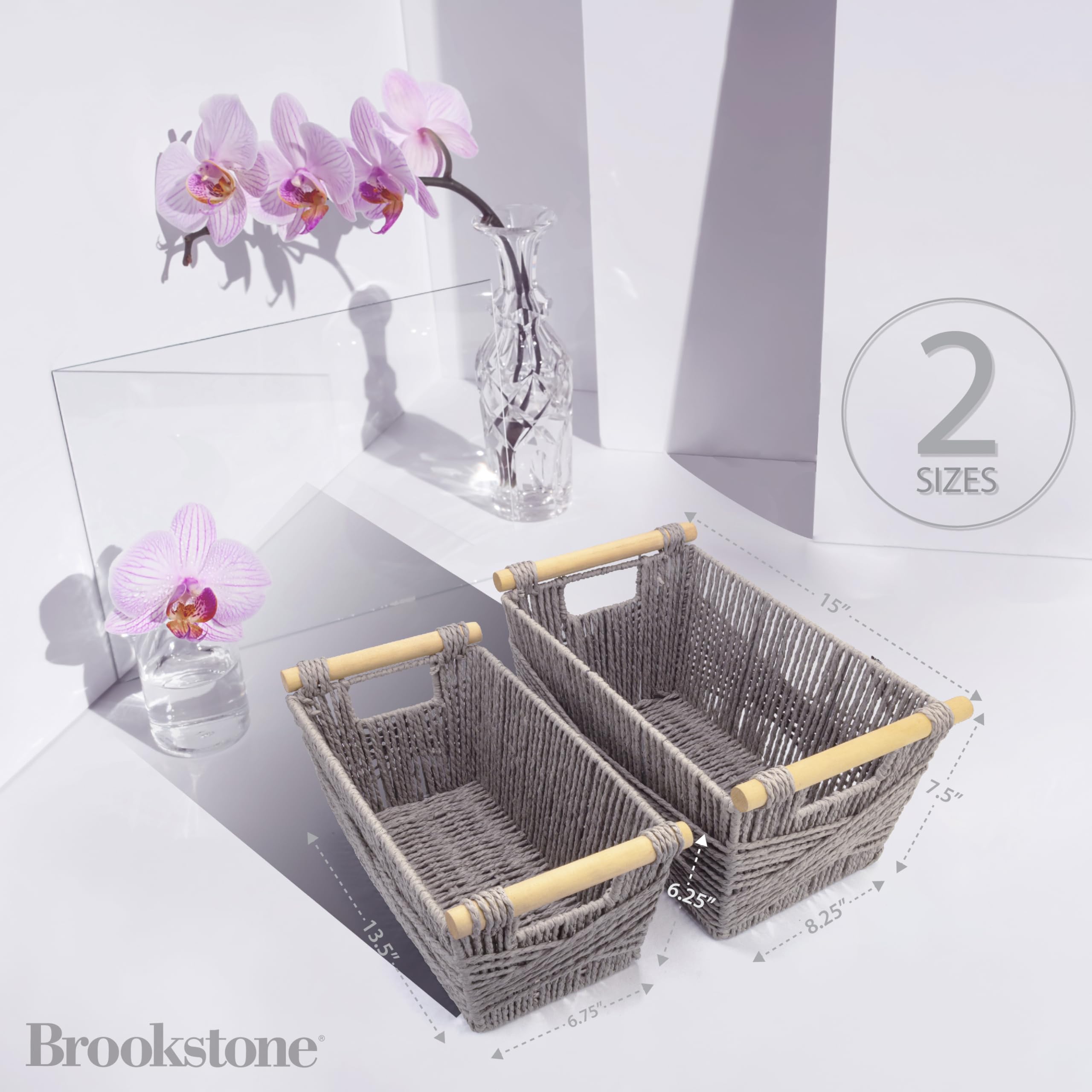 BROOKSTONE, [2 PIECE SET] Wicker Storage Basket with Crafted Wood Handles, Organization and Storage Container, Decorative Shelf Bin, Over the Toilet Paper Reserve, Suitable for Any Home Décor Style