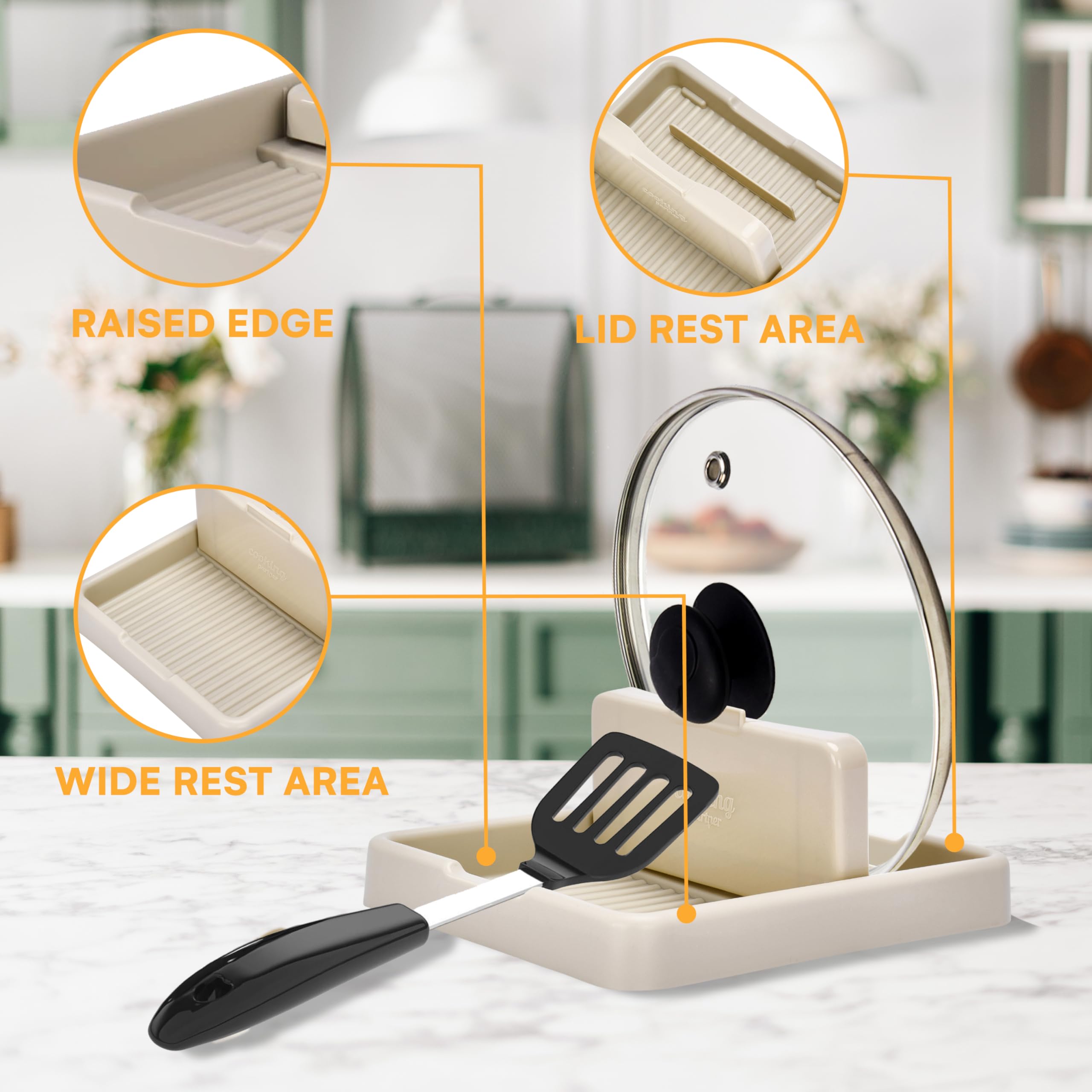 Noa Store Spoon and Lid Rest - Cute and Compact Two-in-One Utensil Organizer for Countertop - Pot Lid and Spatula Stand - Cooking Utensil Rest for Stove-Top Cooking - 0.9"Hx7"Lx6"W, White