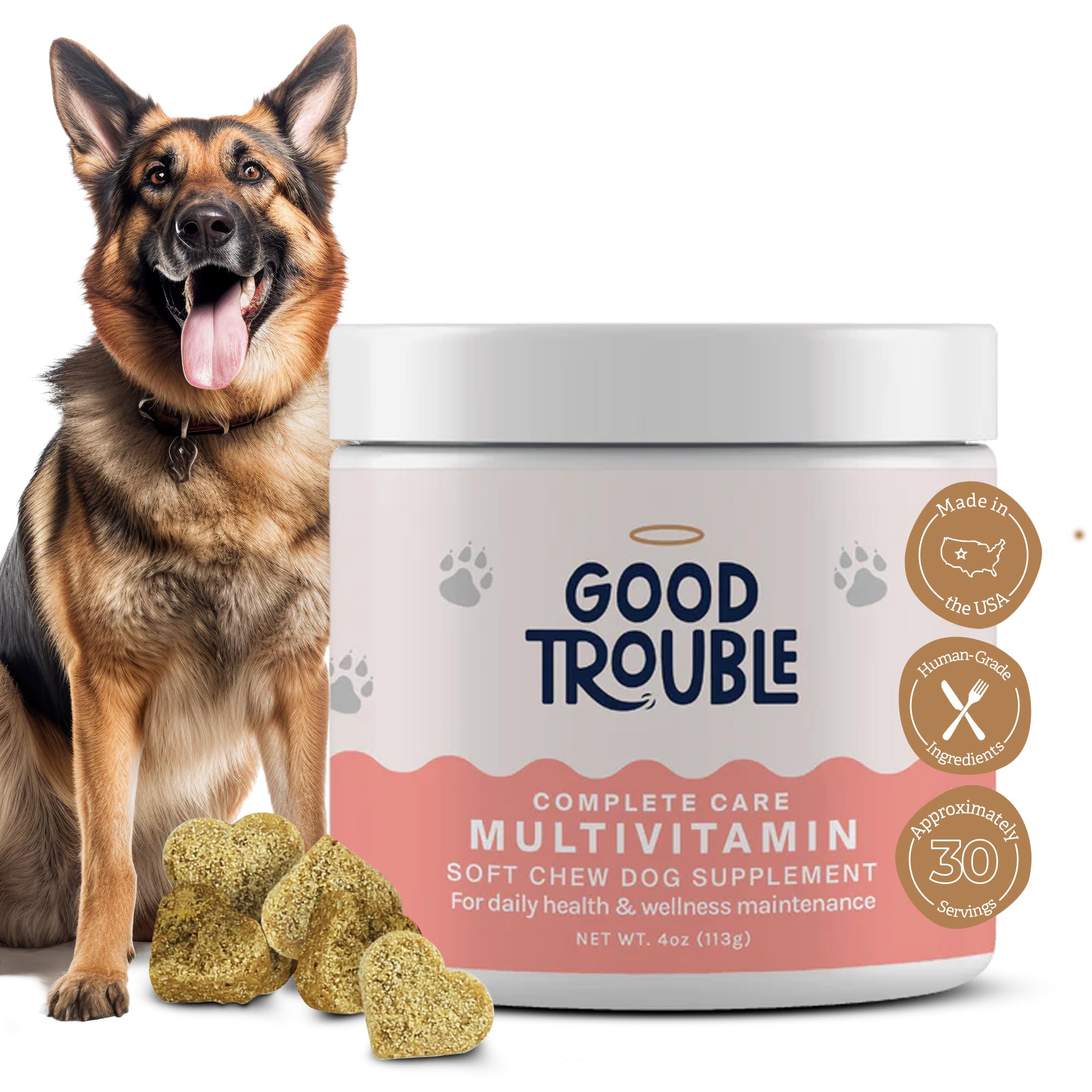 Good Trouble Pets Complete Care Dog Multivitamin, Ashwagandha, Biotin, Yucca, Glucosamine Chondroitin, Probiotics, Omega Fish Oil - Dog Supplements & Vitamins for Joint, Heart, and Immune Health