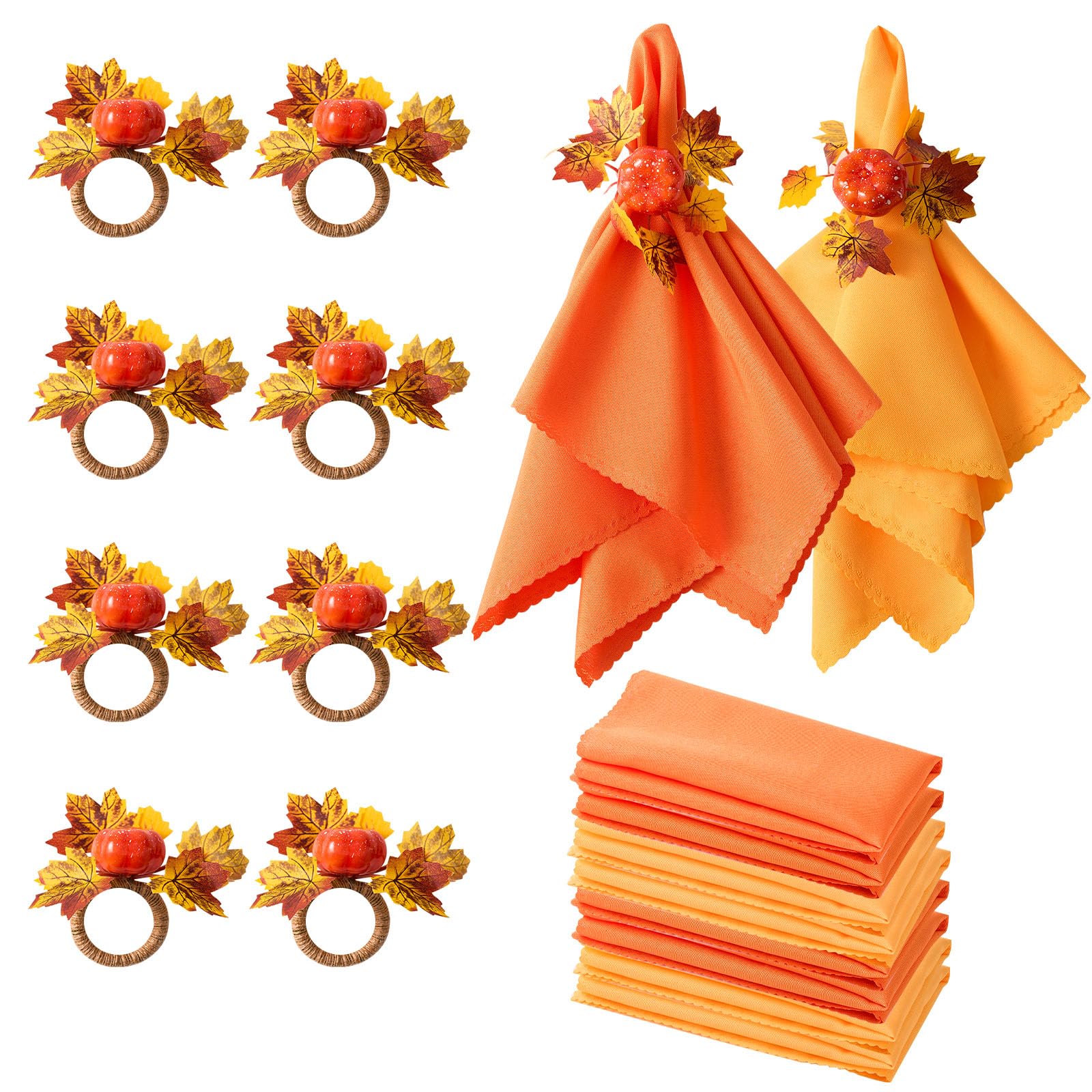 WORTHYEAH Fall Napkins, Fall Napkins Set of 16, Thanksgiving Napkin Rings Set of 8 PCS & 8 PCS Fall Cloth Napkins for Thanksgiving Table Decorations, Fall Banquet, Holiday Dinner Party