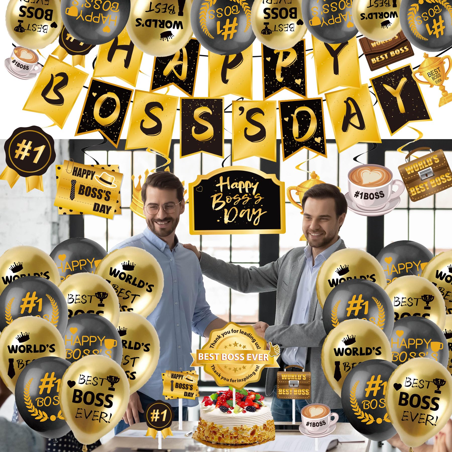 Happy Bos Day Decorations for Men 40PCS Bos Day Decorations For Office with Happy Bos's Day Banner Hanging Swirls Balloons Cake Topper Best Bos Ever Decorations Gold