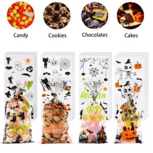 ONFAON Halloween Cellophane Treat Bags, 180pcs Halloween Trick or Treat Goody Gags with 200pcs Twists for Snacks Cookies Packing, Halloween Goodie Bags Party Supplies (180pcs)