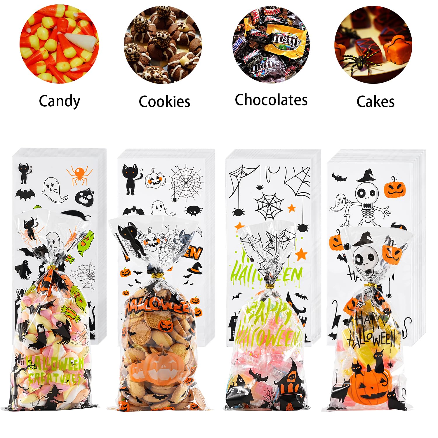 ONFAON Halloween Cellophane Treat Bags, 180pcs Halloween Trick or Treat Goody Gags with 200pcs Twists for Snacks Cookies Packing, Halloween Goodie Bags Party Supplies (180pcs)