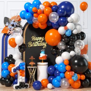 biapian blue and orange balloon arch, 113pcs navy blue and orange balloon garland with dark light blue and orange black white latex balloons for boys men space birthday graduation party decorations