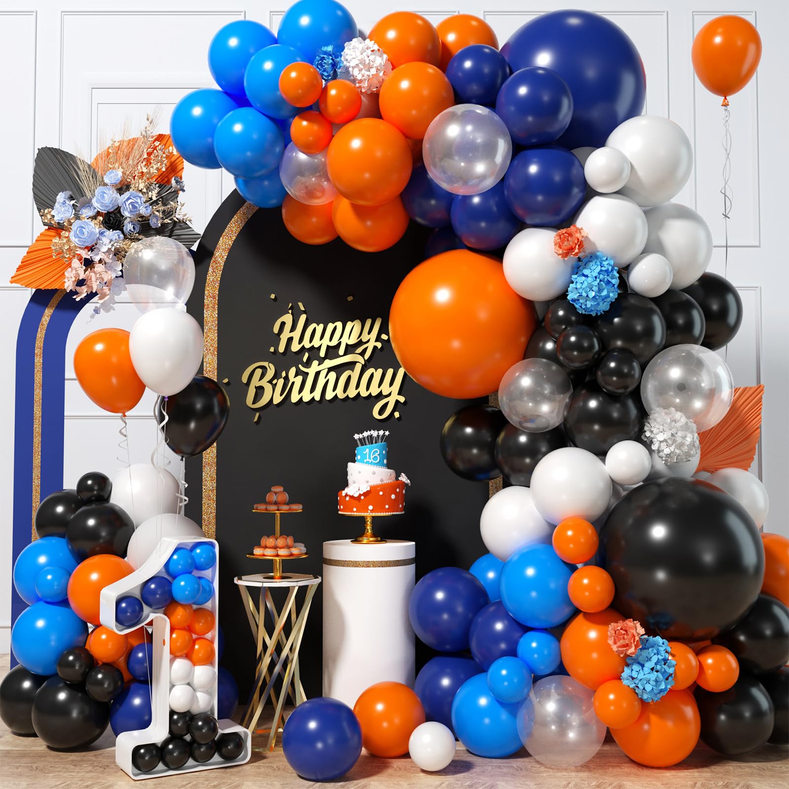 Biapian Blue and Orange Balloon Arch, 113Pcs Navy Blue and Orange Balloon Garland with Dark Light Blue and Orange Black White Latex Balloons for Boys Men Space Birthday Graduation Party Decorations