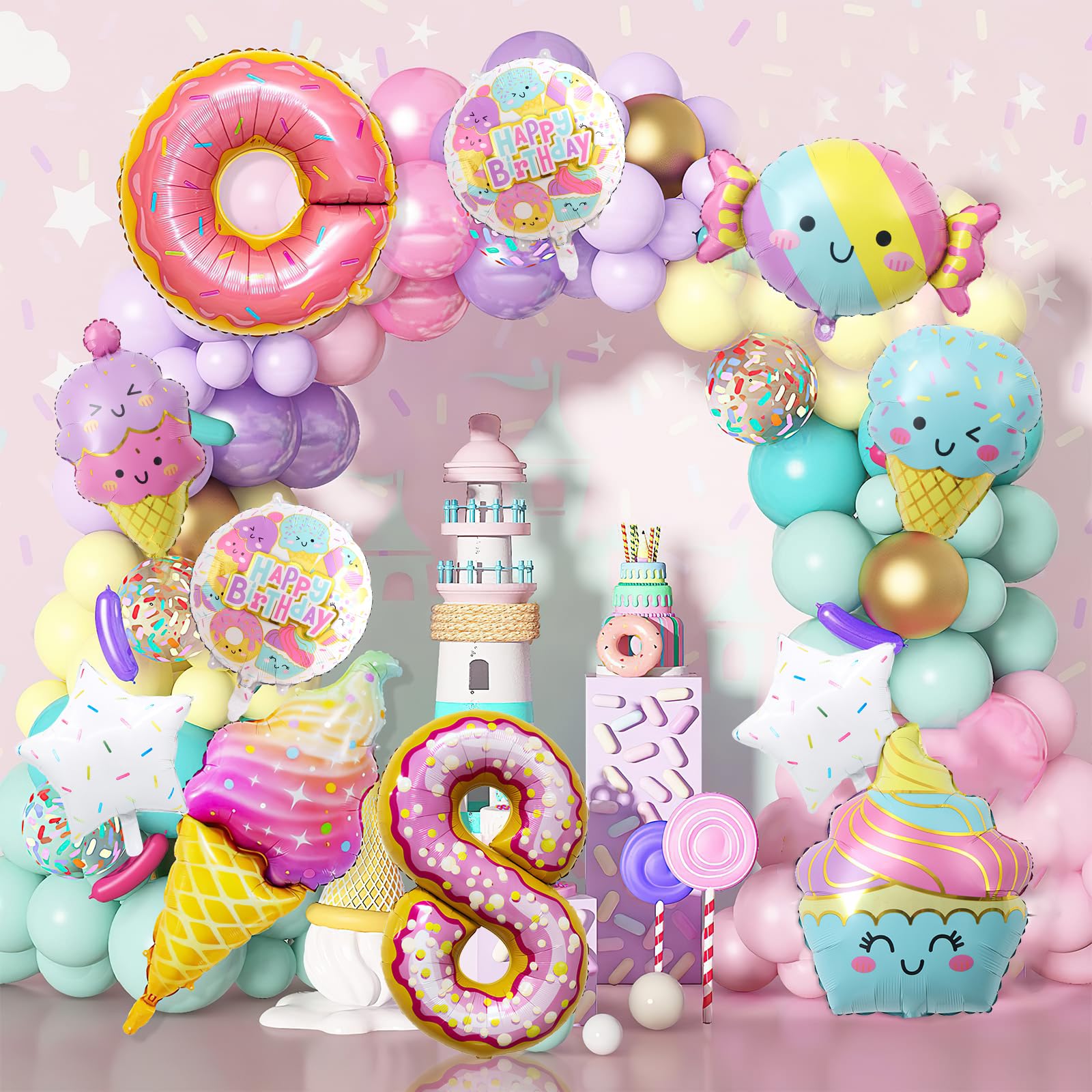 10Pcs Ice Cream Balloons, Ice Cream Donut Candy Birthday Number Mylar Foil Balloon Ice Cream Theme 8th Birthday Party Supplies Decorations (8th)