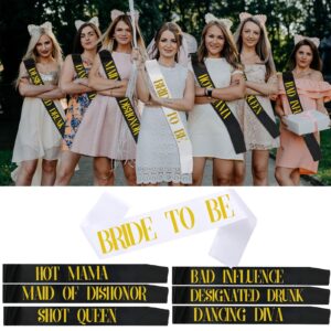 Bachelorette Sash Set (7 pcs) - Bride to Be Sash Bachelorette Party Decorations - Bride and Bridesmaid Sashes for Bachelorette party decorations (Black, Gold letters). Ideal Bridal Shower Supplies